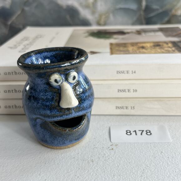 Studio Art Egg Separator Small Stoneware Blue Funny Face Open Mouth Glazed - Picture 1 of 9